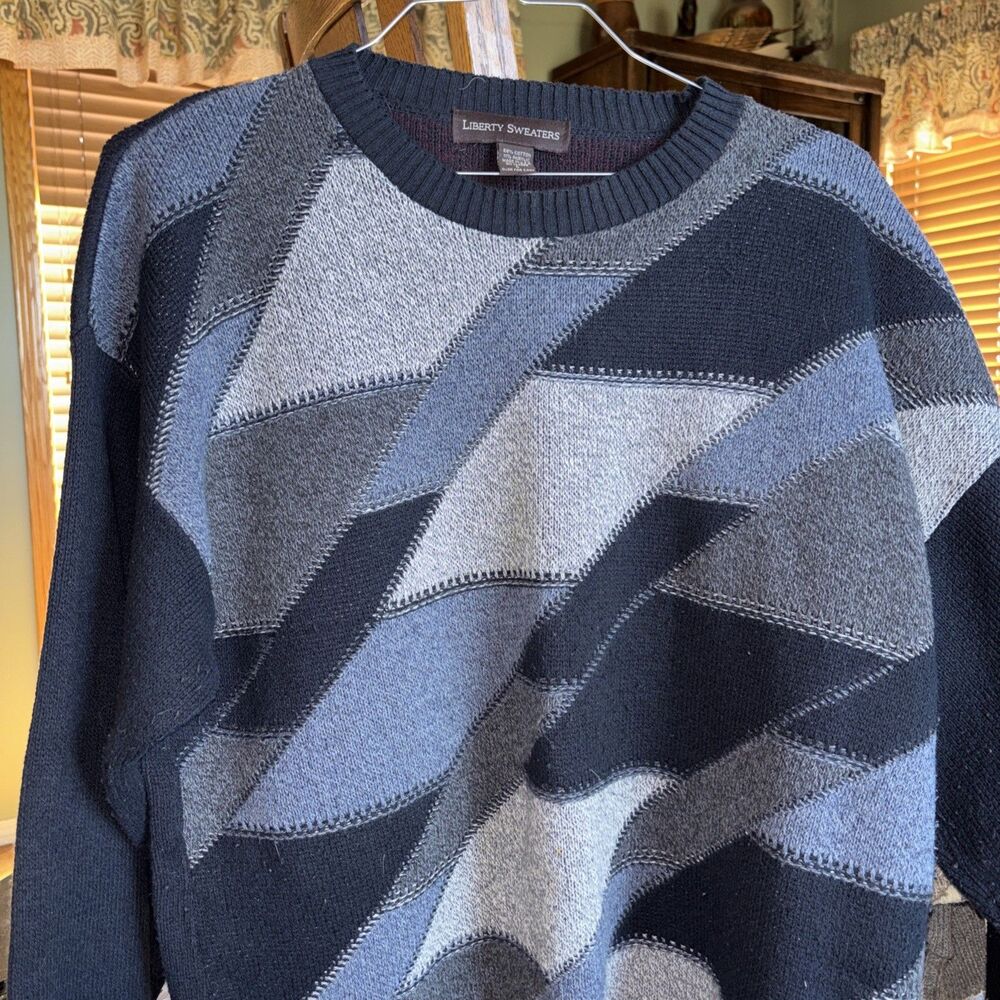 VINTAGE 90s Liberty Sweater Mens Large Geometric Grandpa Sweater Cottage USA